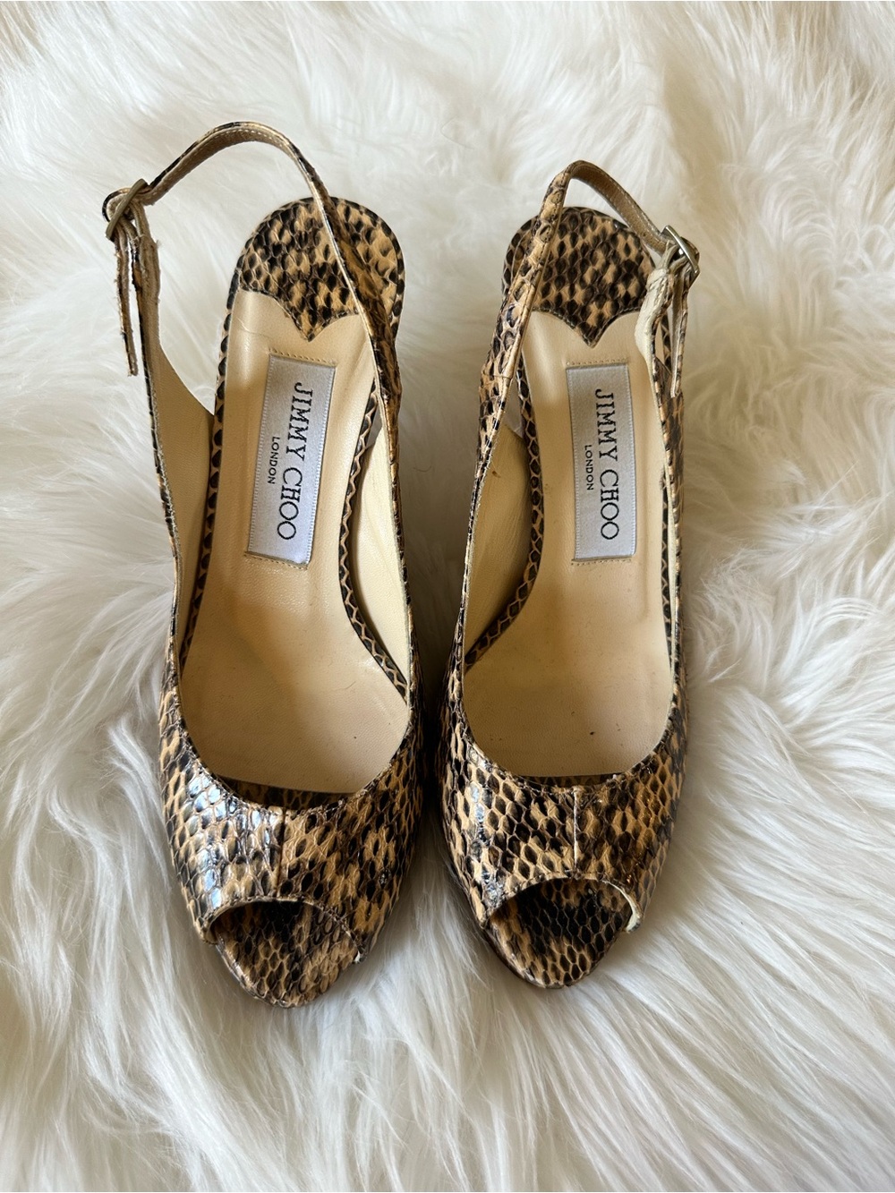 Jimmy Choo Tan and Black Snake-Print Peep-Toe Slingbacks